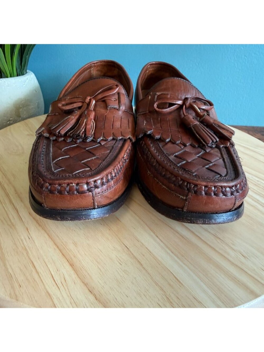 Johnston & Murphy Mens 9.5 Halsey Loafer Woven Leather Tasseled Cognac Brown - Picture 6 of 9